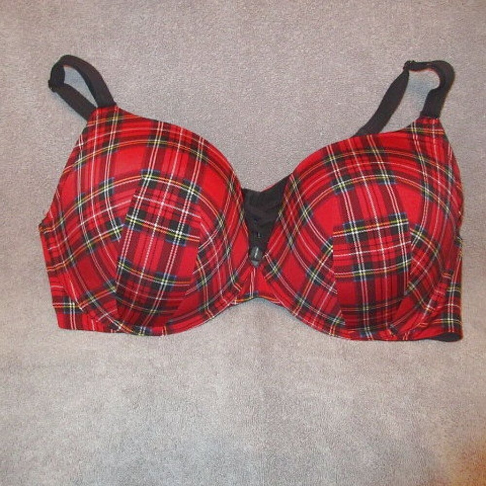 Torrid Curve Push Up Plunge Bra Size 46D Smoothing Underwire Tartan Plaid Pin Up